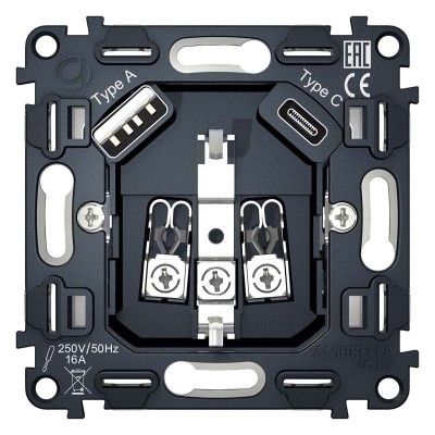 Механизм розетки с заземлением и 2хUSB type A и C Ambrella Volt Quant VM160