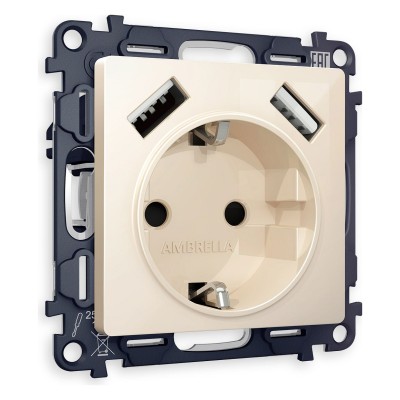 Розетка с заземлением и со шторкой и 2хUSB type A, без рамки Ambrella Volt Quant MA309010