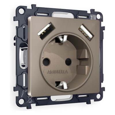 Розетка с заземлением и со шторкой и 2хUSB type A, без рамки Ambrella Volt Quant MA639010