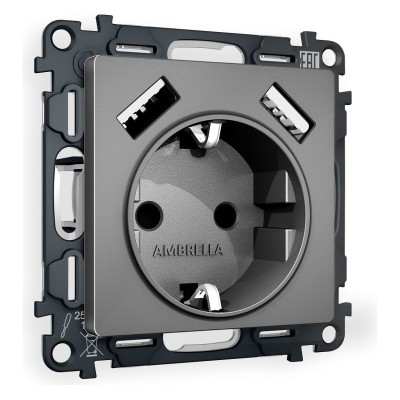 Розетка с заземлением и со шторкой и 2хUSB type A, без рамки Ambrella Volt Quant MA659010