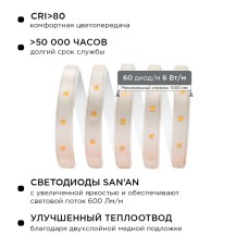 Светодиодная лента Apeyron 220В 6Вт/м smd2835 60д/м IP65 600Лм/м 15м 6500К 10-54