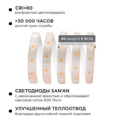 Светодиодная лента Apeyron 220В 6Вт/м smd2835 60д/м IP65 600Лм/м 25м 3000К 10-56