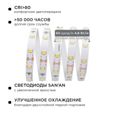 Комплект светодиодной ленты Apeyron 12В 48Вт/м smd 3528 60 д/м IP20 1м 3000К (блок, коннектор) 10-66