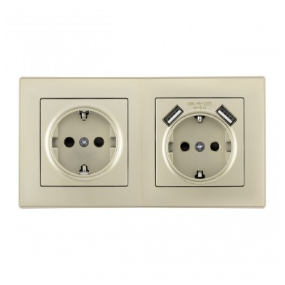 Розетка с заземлением и со шторкой и 2хUSB Arte Milano SET06-2 SET06-2-47-1-40-1 shampan