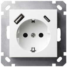 Розетка SHUKO Jasmart с USB тип A-C с защитными шторками 25W 16A 250V 2P+T белый глянцевый G5501USB-25W
