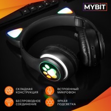 Наушники-Кошки MYBIT W-32, беспроводные, микрофон, Bluetooth 5.0, AUX, microSD, MP3, 400 мАч, чёрные