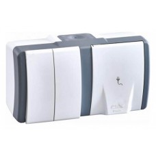 Выключатель двухклавишная + розетка с заземлением Mono Electric Octans IP54 16A 250В бело-серый 154-020001-181