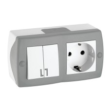 Выключатель двухклавишный + розетка с заземлением Mono Electric Octans IP20 10А 250В бело-серый 104-020001-181