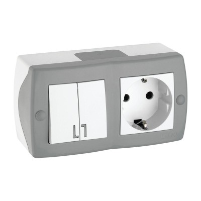 Выключатель двухклавишный + розетка с заземлением Mono Electric Octans IP20 10А 250В бело-серый 104-020001-181