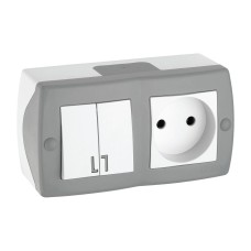 Выключатель двухклавишный + розетка без заземления Mono Electric Octans IP20 10А 250В бело-серый 104-020001-182