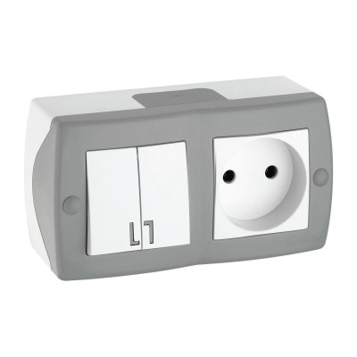 Выключатель двухклавишный + розетка без заземления Mono Electric Octans IP20 10А 250В бело-серый 104-020001-182