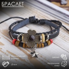 Браслет кожа «Цветок со звездочкой» хиппи, коричнево-чёрный, 6 см