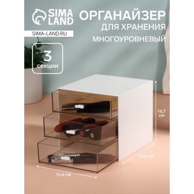 Органайзер для хранения BASIC, многоуровневый, 3 секции, 15.4×14.6×16.7 см, белый, прозрачный