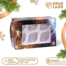 Коробка для 6 капкейков с окном подарочная новогодняя упаковка, «Новый год», 25×17×10 см