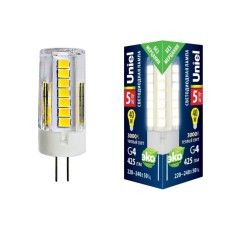 Лампа светодиодная (UL-00006744) Uniel G4 5W 3000K прозрачная LED-JC-220/5W/3000K/G4/CL GLZ09TR