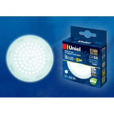 Лампа светодиодная (UL-00003725) Uniel GX53 16W 4000K матовая LED-GX53-16W/NW/GX53/FR PLZ01WH