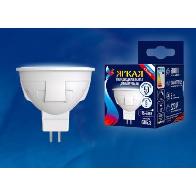 Лампа светодиодная диммируемая (UL-00003989) Uniel GU5.3 6W 4000K матовая LED-JCDR 6W/NW/GU5.3/FR/DIM PLP01WH