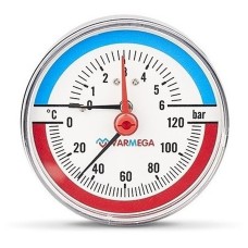 Термоманометр VARMEGA аксиальный 80 мм, 6 бар, 120гр.С, 1/2quot;, с отсекающим клапаном, VMMT06-800604