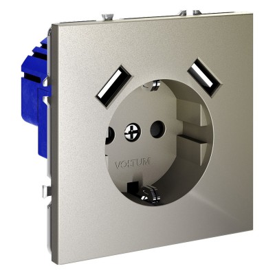 Розетка с заземлением и со шторкой и 2хUSB type A, без рамки Voltum S70 VLS040404