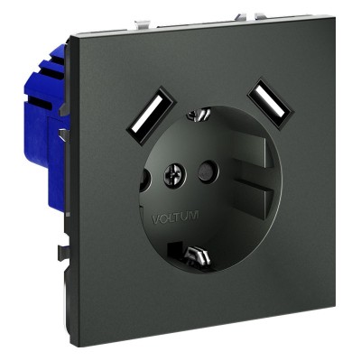 Розетка с заземлением и со шторкой и 2хUSB type A, без рамки Voltum S70 VLS040406