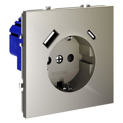 Розетка с заземлением и со шторкой и 2хUSB type A и C, без рамки Voltum S70 VLS040504