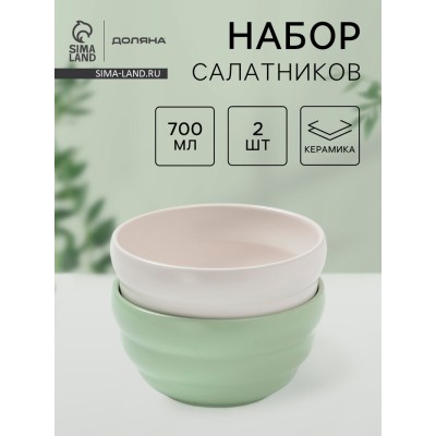 Салатники Доляна «Зефир», 700 мл, d=15,5 см, набор 2 шт, керамика, белые, зелёные