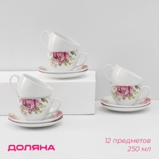 Сервиз чайный Доляна «Роза», 12 предметов: чашка 250 мл, блюдце d=15 см, фарфор, белый