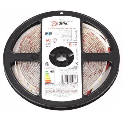Светодиодная лента Эра 12В 2835 4,8Вт/м 3000K 5м IP65 LS2835-60LED-IP65-WW-eco-5m Б0035592