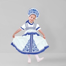 Карнавальный русский костюм «Синие цветы», платье-сарафан, кокошник, цвет белый, р-р 32, рост 122- 128 см