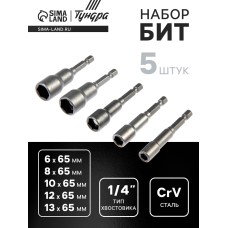 Набор бит с торцевыми головками ТУНДРА, CrV, магнит, 6-8-10-12-13 х 65 мм, 5 шт.