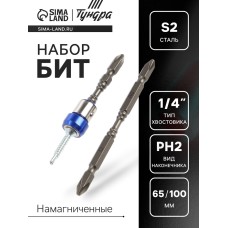 Набор бит ТУНДРА, сталь S2, круглый магнит, двухсторонняя, PH2 х 65 и 100 мм, 2 шт.